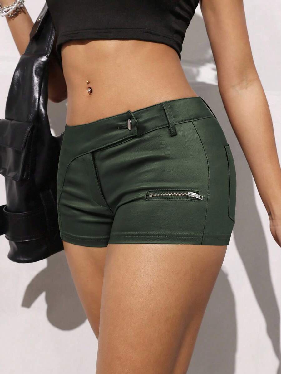 Jeanoix Women's Solid Color Waist Button Design Fitted Shorts - Army Green - View 1
