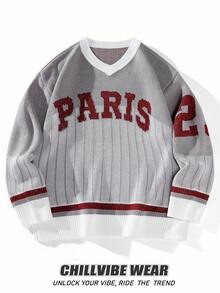 Chillumni Men's Letter Pattern V-Neck Long Sleeve Loose Casual Sweater , Fall Winter - Multicolor - View 1