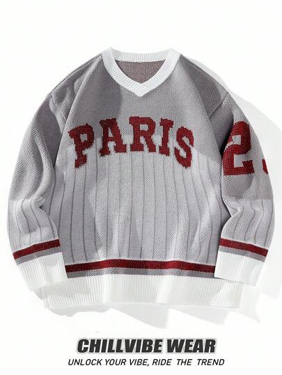 Chillumni 男士字母图案V领长袖宽松休闲毛衣，秋冬