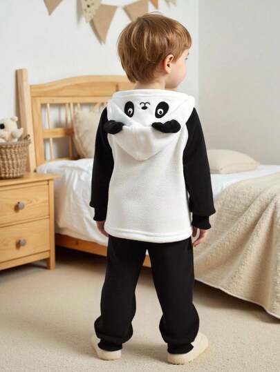 SHEIN Playful Pals Conjunto de 2 peças de blusa e calça de manga comprida com capuz bordado panda brincalhão para meninos e meninas, casual e confortável
