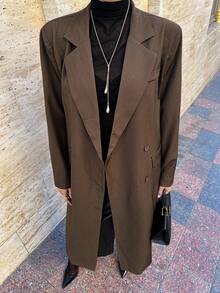 Lavishia 棕色抗皱面料长袖加长女士西装外套，秋冬通勤时尚 - 棕色 - 查看 6