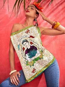 Frida Kahlo X SHEIN Figure Graphic Asymmetrical Neck Blouse - Multicolor - View 6