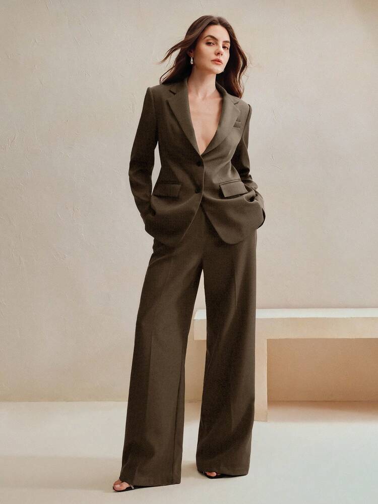 Anewsta Essential 2pcs Women's Elegant Maillard Color Suit Set: Blazer Jacket + Straight Leg Pants, Suitable For Autumn, Going Out, Formal, Party, Chic, New Year, Christmas, Work, Graduation, Wedding