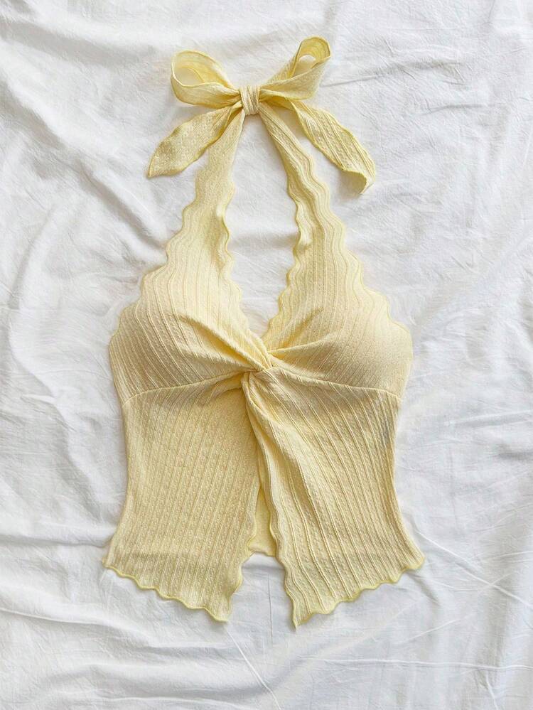 Soleia Camiseta sin mangas con escote halter, espalda abierta, dobladillo con abertura y lazo, de estilo sexy y a la moda - Amarillo - Añade 3