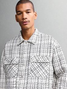 SUMWON 长袖纹理粗花呢衬衫，宽松版型，正面纽扣，白色格纹印花，短款现代街头风格，秋冬上衣