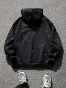 Manfinity EMRG Men Zip-Up Halloween Zip Up Hoodie, Cross Rhinestone Hoodie Rhinestone Zip Up Hoodie, Fall Winter - Black - View 2