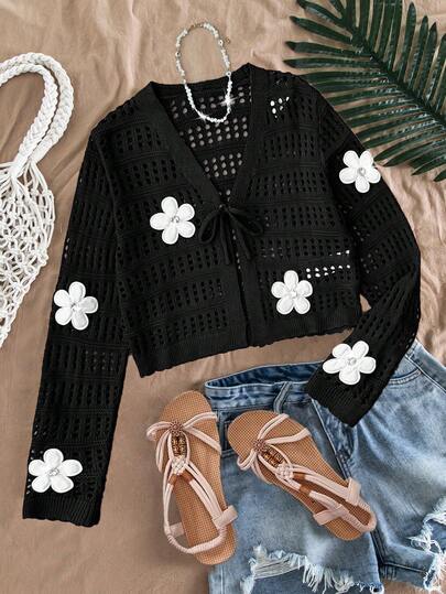 SHEIN Tween Girl Autumn Floral Decor Hollow Out Front Tie Long Sleeve Cardigan