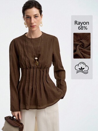 Aalyst Women's Elegant Minimalist High-End Casual, Vacation, Commute Comfortable Solid Color Tencel Cotton Blend Round Neck Waist Pleated A-Line Long Sleeve Blouse, Spring/Autumn/Winter Fall Cloth For Women