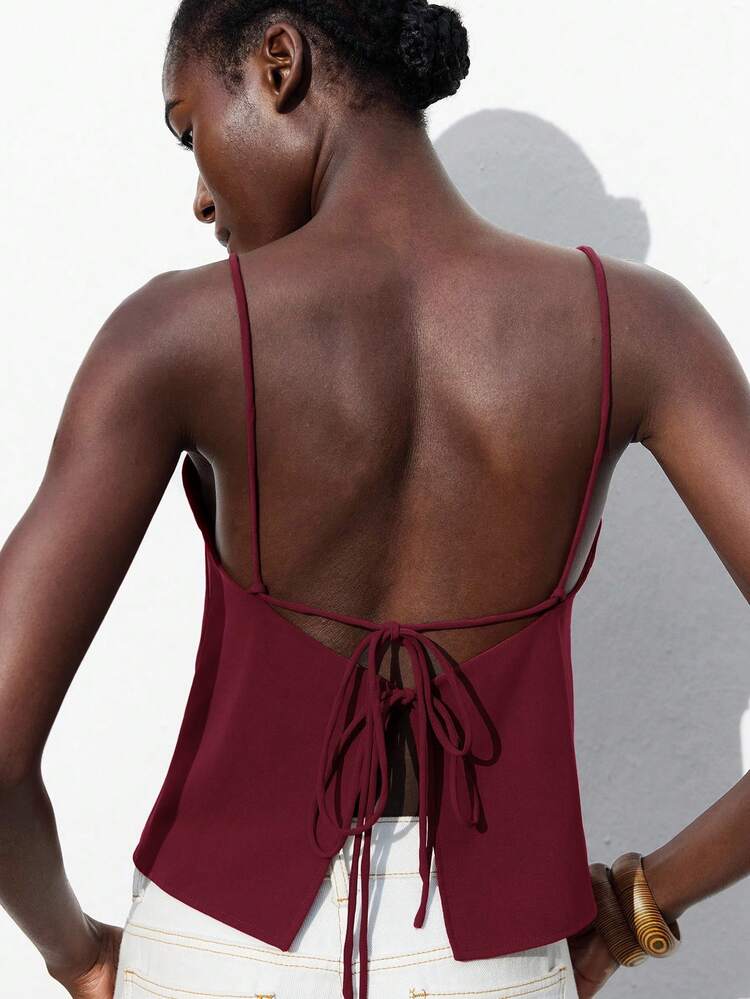 SHEIN Maija Adjustable Spaghetti Strap Backless Burgundy Top, Elegant For Carnival, Party, Valentine's Day, Back To School, Music Festival, Formal, Office Wear St Patrick's Day Women Easter Summer Easter Women Party Top Beach Summer Holiday Beach Vacation Summer Going Out Graduation