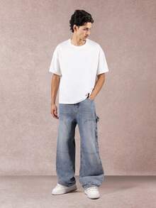 Pantalones vaqueros de pernera ancha y holgada de carpintero SUMWON con múltiples bolsillos para herramientas, pantalones de trabajo clásicos de mezclilla para otoño e invierno, cómodos y casuales de color liso - azul real - Ver 3