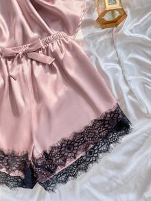 SilkySpell Plus Size Faux Silk Lace Trim Cami Top And Shorts Pajama Set Satin Pajama Set Lace Trim Pajama Set Satin Sleepwear Set Lingerie Pajama Set Lace Pajama Set Lace Pj Set Lingerie Sleep Set Babydoll Pajama Set