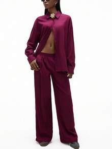 Aveloria GENKIRA 2pcs Set: Asymmetric Floral Brooch Design Casual Long Sleeve Shirt & High Waist Wide Leg Pants Fall Cloth For Women - Burgundy - View 5