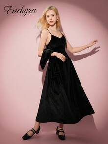 2pcs/Set Teen Girls Casual Elegant Vacation Dress, Black Long Sleeve Jacket And Black Velvet Bowknot Camisole Snug Fit Maxi Dress, Suitable For Halloween, Autumn/Winter Black Outfits Black Dress Black Clothes Black Outfit Set Black Glitter Dress - Black - View 6