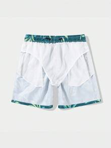 Manfinity Swimmode Men's Casual Plant Print Beach Shorts, Summer,Outdoor Sports Trunks Swim Wear, Hawaiian Men Beachwear Men's Matching Swim Trunks