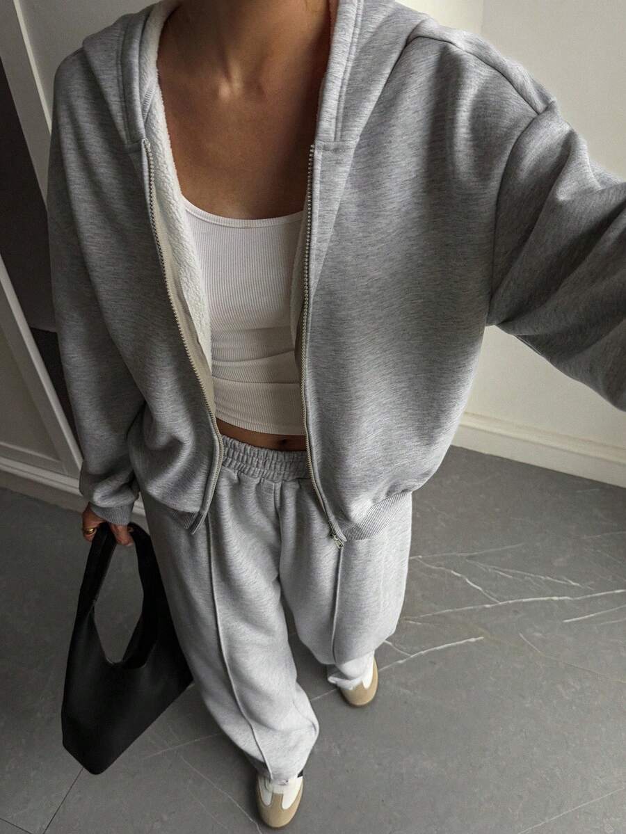Livesso 女式连帽长袖上衣和宽松长裤运动套装，秋季 - 灰色 - 查看 1