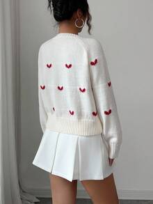 Selianne Women's Casual Heart-Shaped Faux Pearl Crew Neck Raglan Sleeve Sweater, Autumn - White - View 2