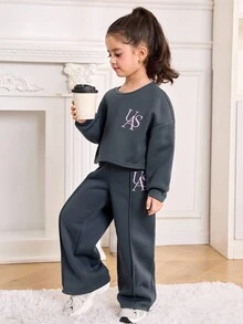 SHEIN 年轻女孩宽松休闲舒适字母刺绣圆领运动衫和裤子套装 - 深灰色 - 查看 3