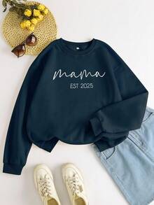 INAWLY Women's Casual Letter Print Crew Neck Sweatshirt - Blue - View 3