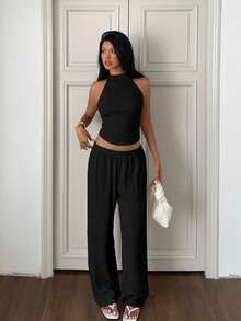 SHEIN EZwear 2件套女士杏色针织纹理露背上衣和裤子套装 - 黑色 - 查看 6