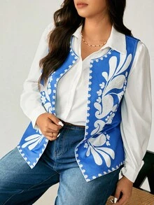 EMERY ROSE Plus Size Casual Textured Fabric Printed Jacket - Blue - View 9