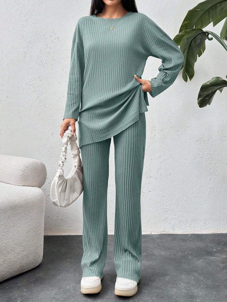 EURMUSE Cotton Drop Shoulder Split Hem Tee & Pants - Mint Green - View 1