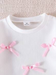 2 Stücke/Set Mädchen (klein) Gestrickte strukturierte gestreifte langärmelige rosa Schlaghose & Schleife T-Shirt Set, bequemer, lässiger, süßer Outfit für den Herbst