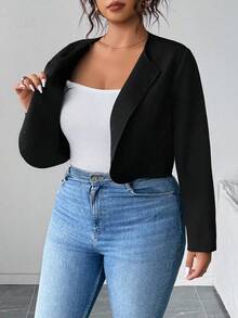 Elenzga Plus Size Black And White Women's Front Open Long Sleeve Jacket,Round Neck Curved Hem Hollow Bowknot,Elegant Office Autumn For Commuting Dates Outings - Black - View 4