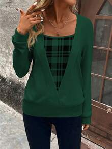 EMERY ROSE Sudadera casual de mujer con mangas largas y parches a cuadros - Verde Oscuro - Ver 7