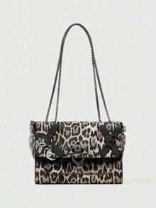 ROMWE Grunge Punk Women's Punk Style Contrast Lace Leopard Print Leather Underarm Crossbody Bag - Black - View 1