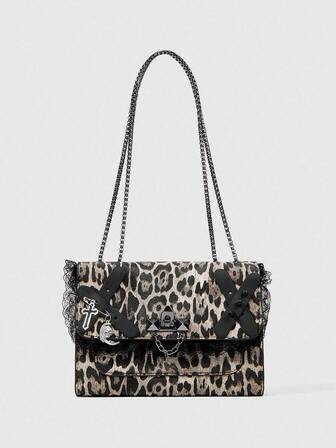 Grunge Punk Bolso bandolera de mujer con estampado de leopardo de encaje y contraste de estilo punk
