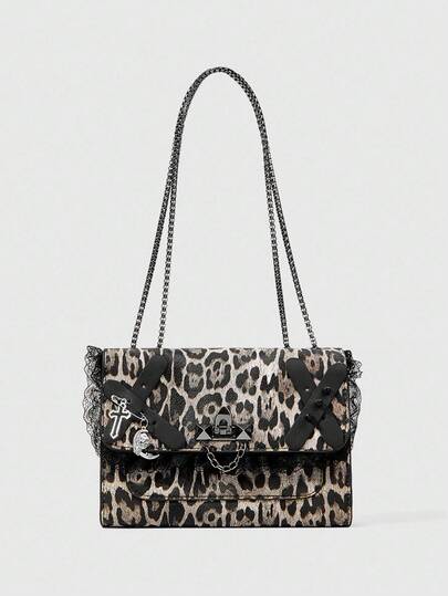 Grunge Punk Women's Punk Style Contrast Lace Leopard Print Leather Underarm Crossbody Bag