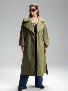 LYSMO Plus Size Solid Color Double-Breasted Long Trench Coat Winter Fall Autumn