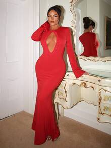 SHEIN SXY 红色长袖性感镂空荷叶边下摆连衣裙 - 紅色 - 查看 3