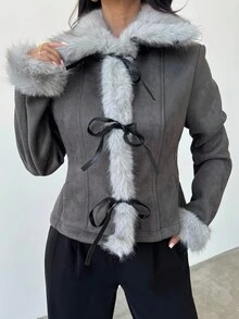 Firerie 女士休闲优雅仿皮草拼布外套/军绿色外套，皮草大衣/女士秋装/女士冬装/毛绒复合外套/秋冬日常出游装/毛绒防寒大衣 - 橄欖綠 - 查看 8