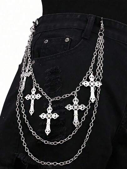 Fairycore 1 pieza Cadena de cintura con cruz de estilo punk, cadena de Body de aleación de hierro multicapa, cadena de pantalón con encanto personalizado para mujer, para decoración de pantalones, casual, festival de música, accesorio de fiesta