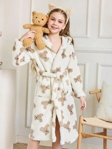 女孩卡通熊印花毛绒睡袍，适合秋冬季家居服 - 米色 - 查看 1
