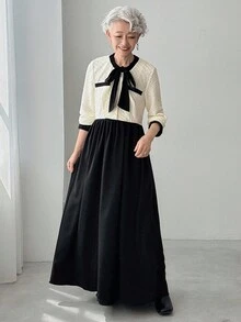 FRIFUL 女士撞色蝴蝶结领A字连衣裙，休闲通勤款 - 黑與白 - 查看 5