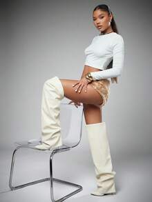 SHUZIA 女士性感尖头翻领过膝高筒周末夜派对秀出热销细高跟靴 - 白色 - 查看 4