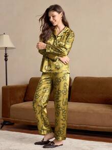 EverLounge Women's Collared Long Sleeve & Long Pants Pajama Set, Fall Clothes - Yellow - View 4