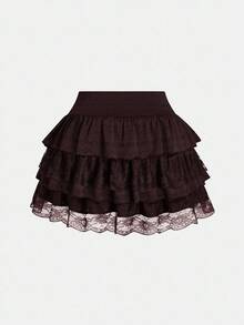 Sweetra 大码女式纯色多层蕾丝拼接百搭半身裙 - 棕色 - 查看 2