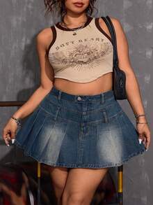 SHEIN CURVE+ Plus Size Summer Casual Washed Pleated Denim Skirt - Blue - View 4