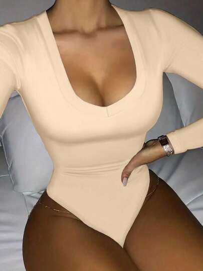 INAWLY Body de manga larga ajustado de unicolor para mujer, otoño