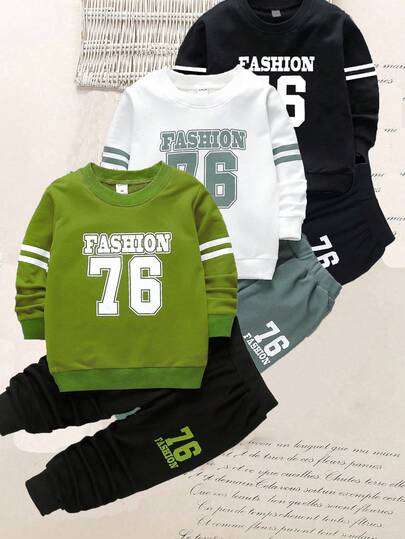 SHEIN 6 件套年轻男孩休闲运动学院街头可爱 76 数字和字母运动衫 + 裤子，适合日常穿着、上学、郊游、运动、春秋