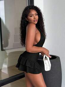 Alexandranx Summer Sexy Lace-Up Ruffle Back Halter Bodycon Romper - Black - View 5