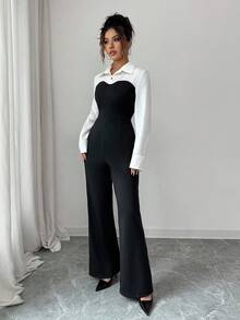 Rafferiza 女士休闲通勤黑白撞色宽松阔腿二合一连体裤，春秋季 - 黑與白 - 查看 5