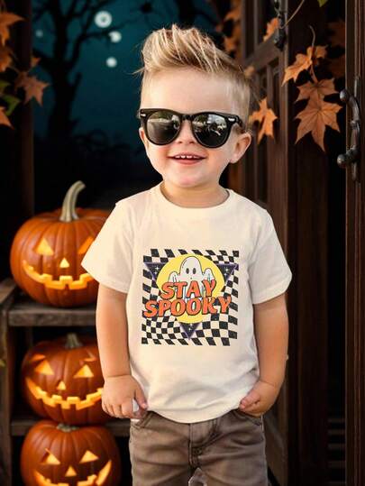 万圣节幼儿男童休闲时尚创意可爱卡通棋盘格幽灵图案字母标语印花基本款短袖 T 恤