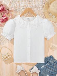Tween Girl Solid Color Peter Pan Collar Short Sleeve Shirt With Front Buttons, Cute - White - View 3