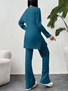 EURMUSE Camiseta de algodón con hombros caídos y pantalones con bajo dividido - Agua verde azul - Ver 2