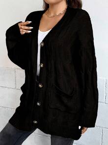 EURMUSE Plus Size Casual Warm Solid Color Button Front Cardigan, Autumn/Winter