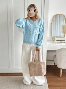 SHEIN LUNE Rundhals Laternärmel 3D Blumen Pullover, lässiger, weiter Pendler Vintage Stil für Frauen Blumen Pullover Damen Pullover bestickter Pullover blauer Pullover Zopfstrick Pullover für Herbst/Winter - Blau - Übersicht 5